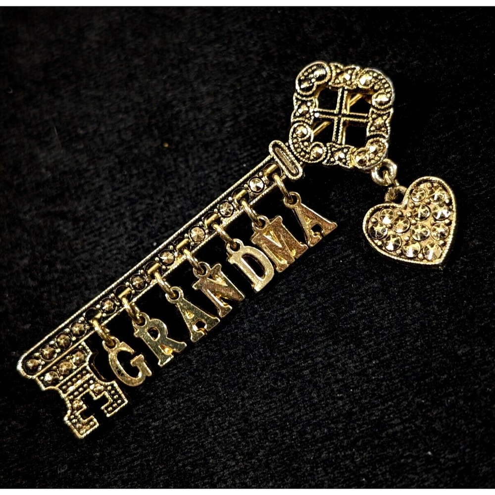 Vintage Gold Tone Grandma Heart Charm Skeleton Key Bar‎ Brooch Pin